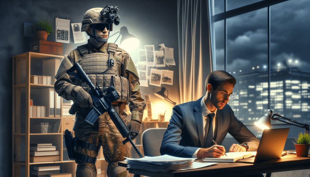 A soldier looking over a businessman.